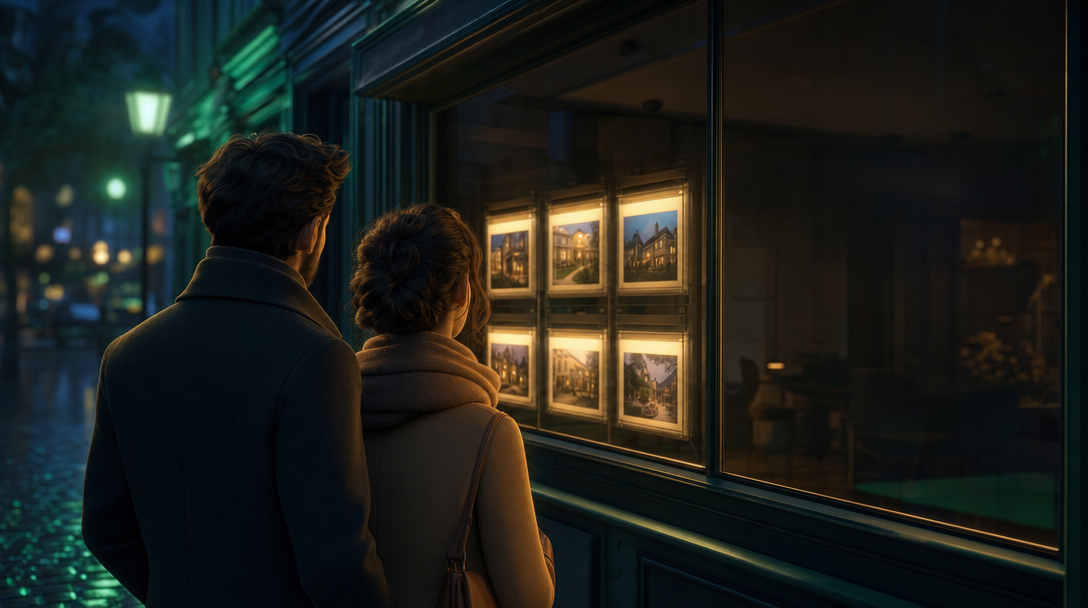 Un couple devant la vitrine éclairée d'une agence fermée, un soir